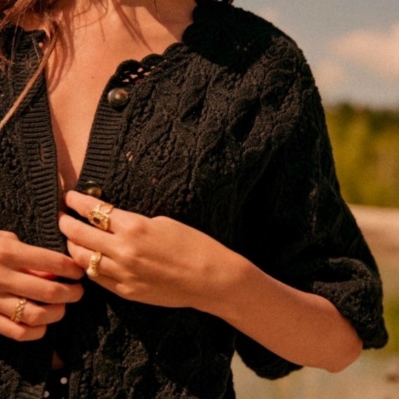 Sezane Medium Anahi Black Crochet Cardigan Sweater - Picture 2 of 10
